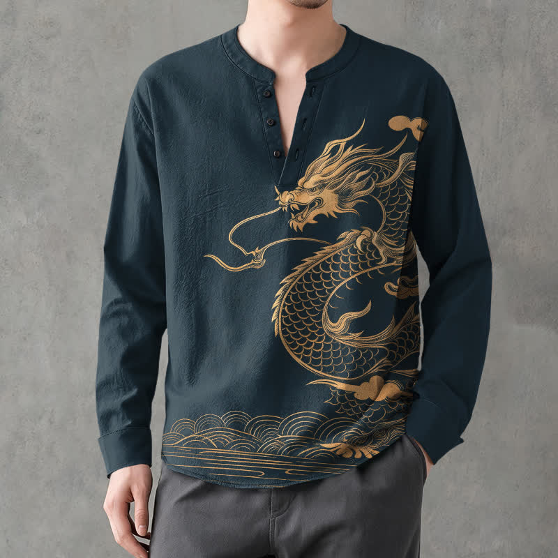 Buddha Stones Cotton Golden Dragon Wave Pattern V-Neck Buttons Men's Long Sleeve Shirts - Navy - US/UK/AU48，EU58 (4XL) - image 14