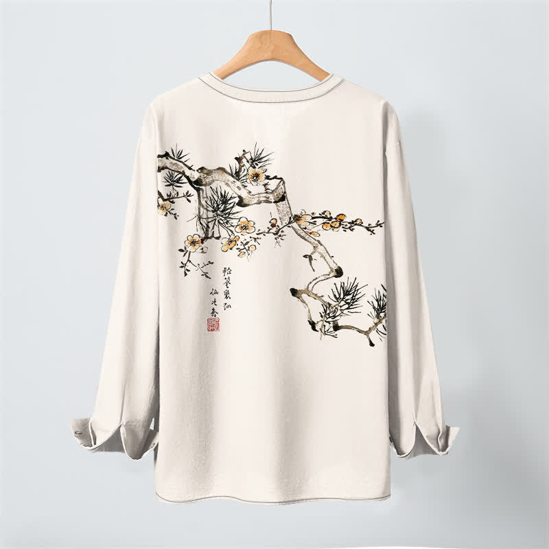 Buddha Stones Cotton Ink Pine Yellow Flowers Pattern V-Neck Buttons Men's Long Sleeve Shirts - image 3