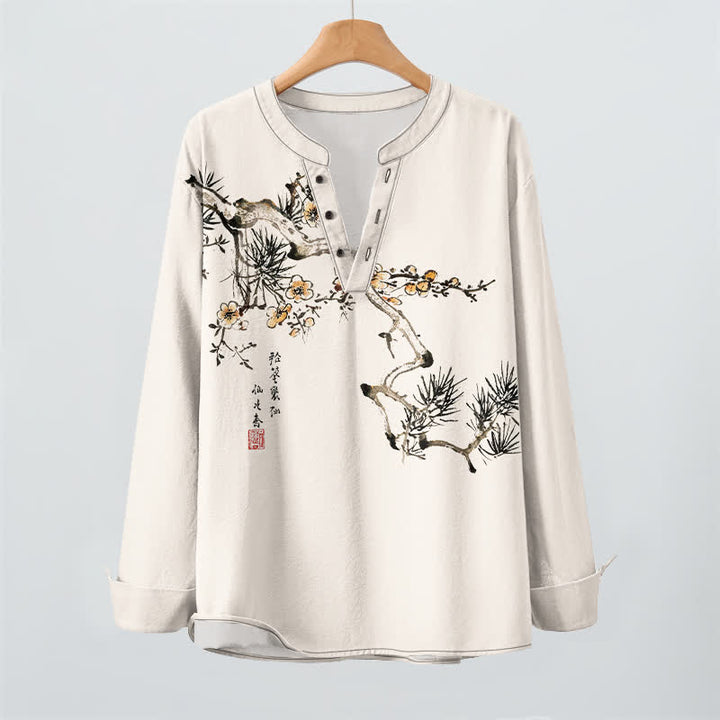 Buddha Stones Cotton Ink Pine Yellow Flowers Pattern V-Neck Buttons Men's Long Sleeve Shirts - image 2