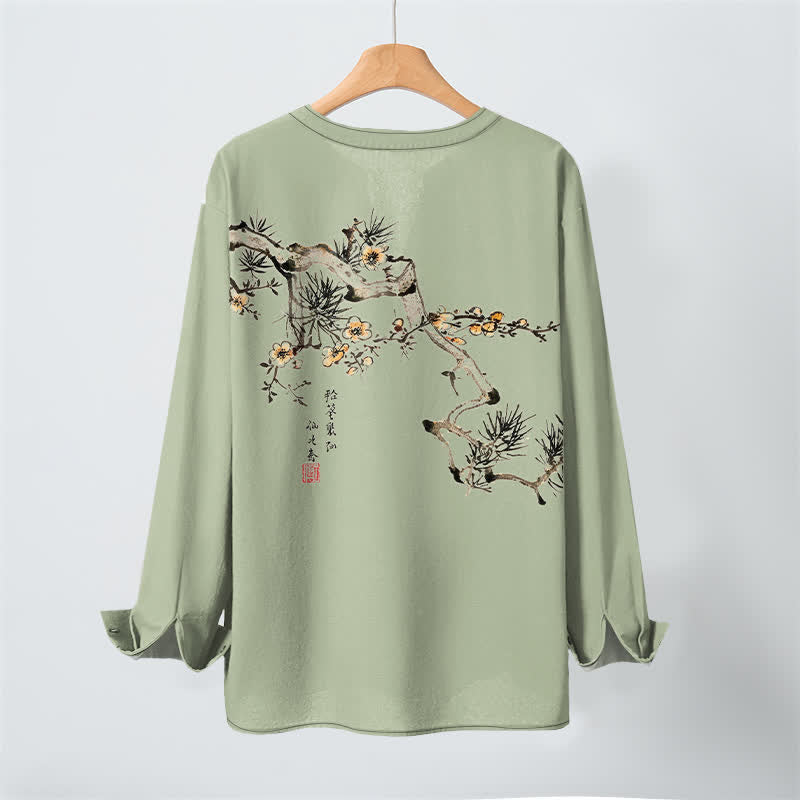 Buddha Stones Cotton Ink Pine Yellow Flowers Pattern V-Neck Buttons Men's Long Sleeve Shirts - image 10