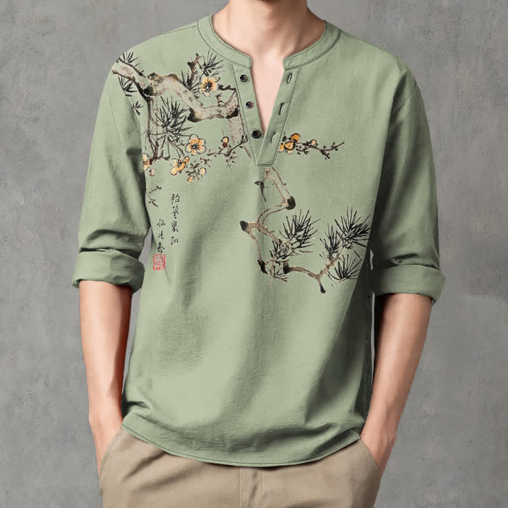 Buddha Stones Cotton Ink Pine Yellow Flowers Pattern V-Neck Buttons Men's Long Sleeve Shirts - DarkSeaGreen - US/UK/AU48，EU58 (4XL) - image 7