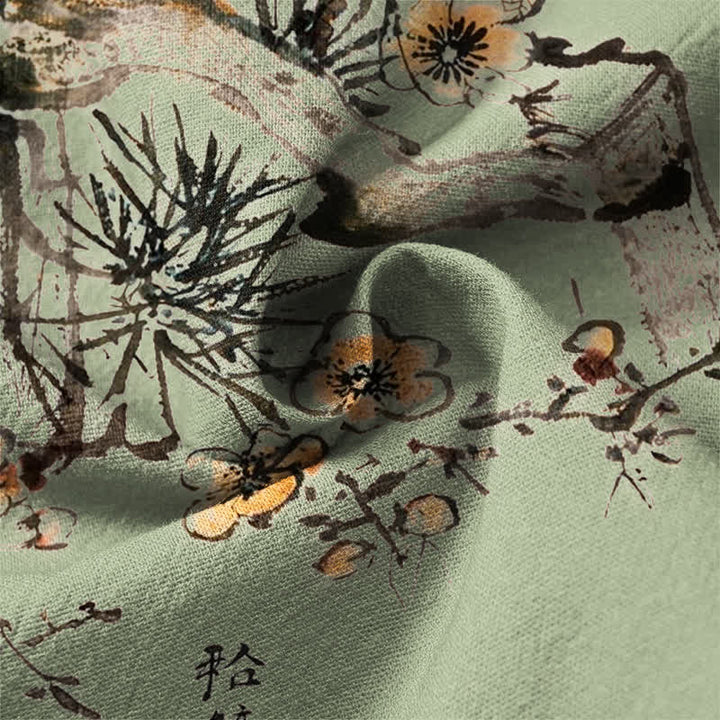 Buddha Stones Cotton Ink Pine Yellow Flowers Pattern V-Neck Buttons Men's Long Sleeve Shirts - image 13