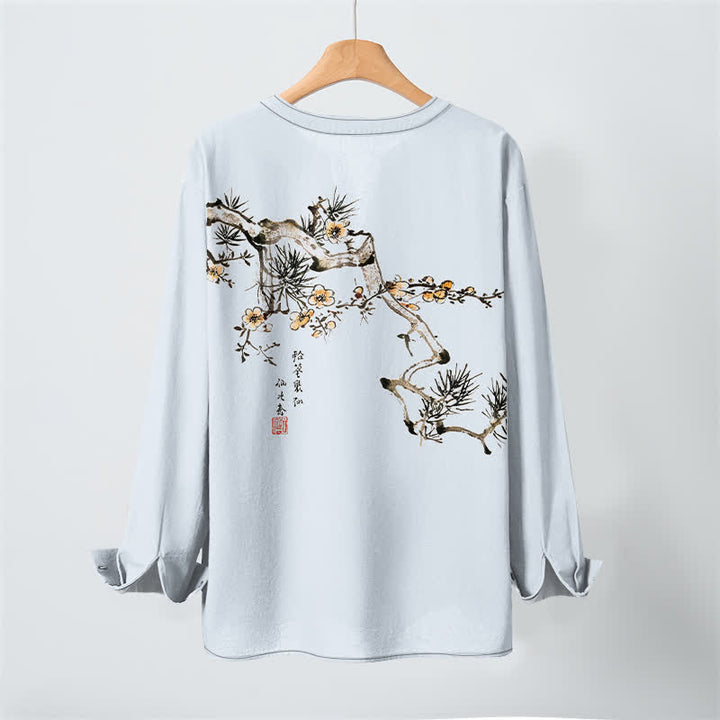 Buddha Stones Cotton Ink Pine Yellow Flowers Pattern V-Neck Buttons Men's Long Sleeve Shirts - image 17
