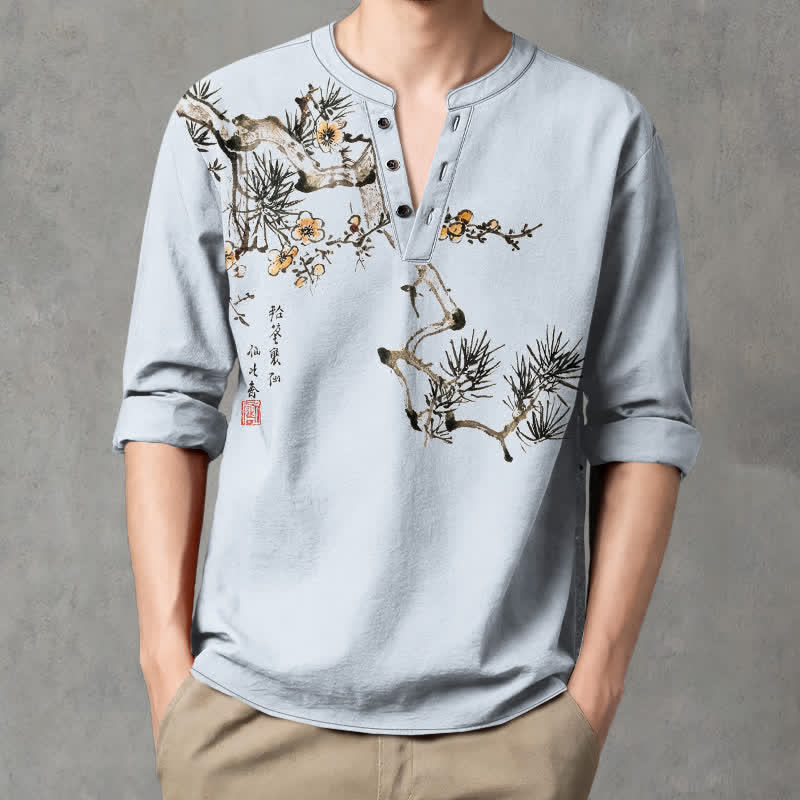 Buddha Stones Cotton Ink Pine Yellow Flowers Pattern V-Neck Buttons Men's Long Sleeve Shirts - LightBlue - US/UK/AU48，EU58 (4XL) - image 14