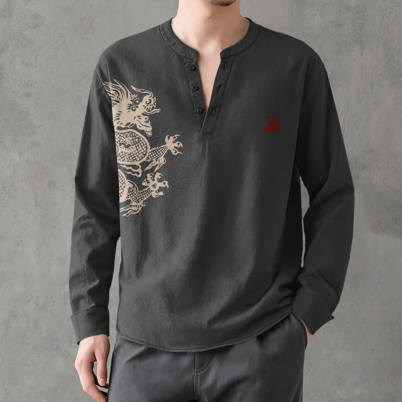 Buddha Stones Cotton Dragon Seal Pattern V-Neck Buttons Men's Long Sleeve Shirts - image 15