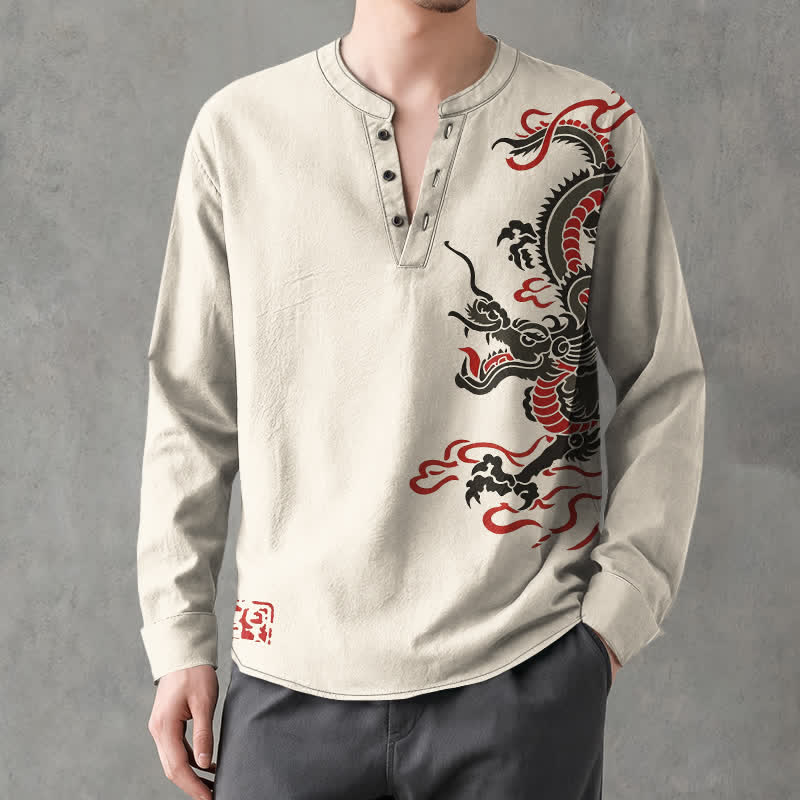 Buddha Stones Cotton Eastern Dragon Flame Pattern V-Neck Buttons Men's Long Sleeve Shirts - image 1