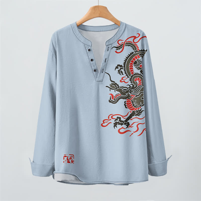 Buddha Stones Cotton Eastern Dragon Flame Pattern V-Neck Buttons Men's Long Sleeve Shirts - image 9