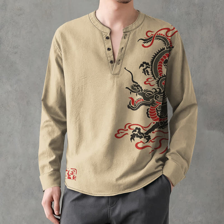 Buddha Stones Cotton Eastern Dragon Flame Pattern V-Neck Buttons Men's Long Sleeve Shirts - image 15
