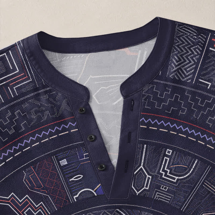 Buddha Stones Cotton Tribal Mandala Pattern V-Neck Buttons Men's Long Sleeve Shirts - image 4
