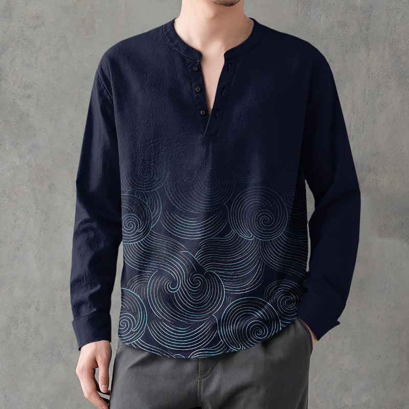 Buddha Stones Cotton Ocean Wave Spiral Pattern V-Neck Buttons Men's Long Sleeve Shirts - image 1