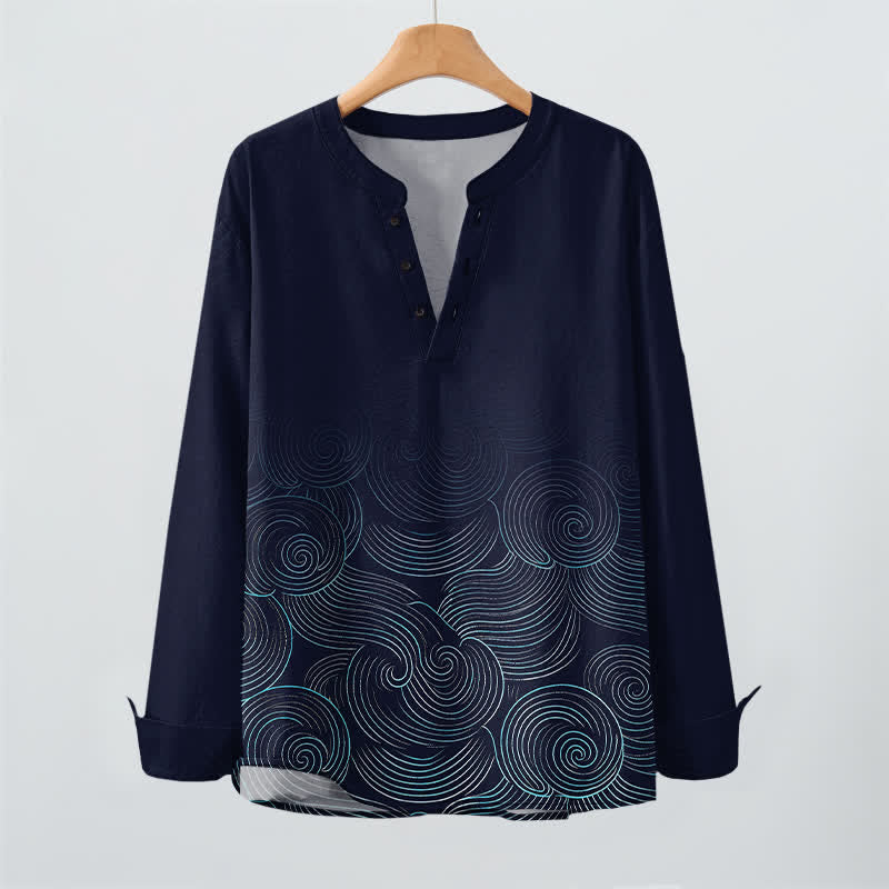 Buddha Stones Cotton Ocean Wave Spiral Pattern V-Neck Buttons Men's Long Sleeve Shirts - image 2