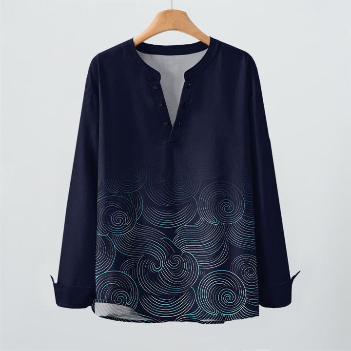Buddha Stones Cotton Ocean Wave Spiral Pattern V-Neck Buttons Men's Long Sleeve Shirts - image 2