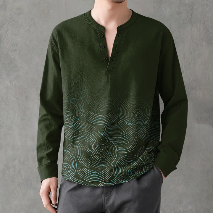Buddha Stones Cotton Ocean Wave Spiral Pattern V-Neck Buttons Men's Long Sleeve Shirts - image 8