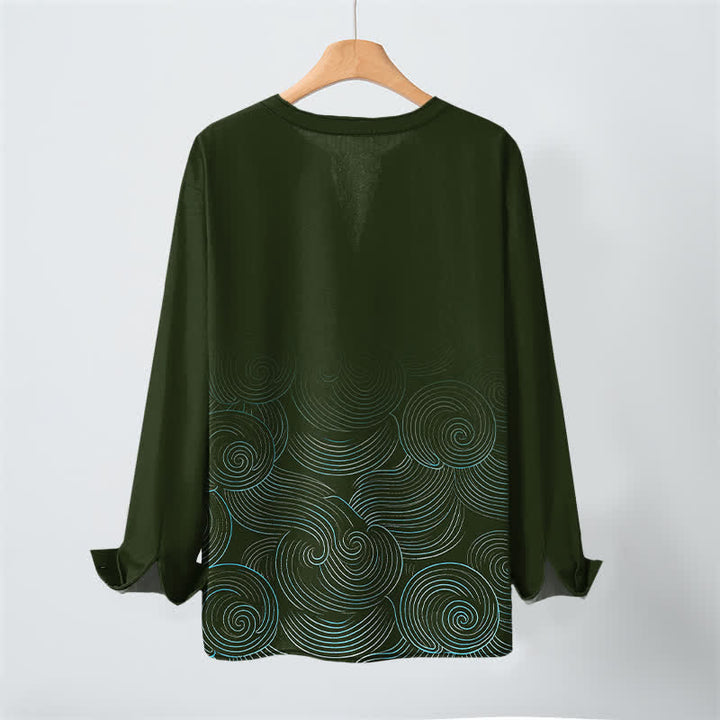 Buddha Stones Cotton Ocean Wave Spiral Pattern V-Neck Buttons Men's Long Sleeve Shirts - image 10