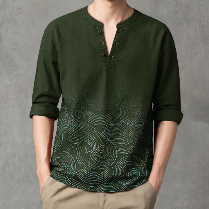 Buddha Stones Cotton Ocean Wave Spiral Pattern V-Neck Buttons Men's Long Sleeve Shirts - DarkGreen - US/UK/AU48，EU58 (4XL) - image 7