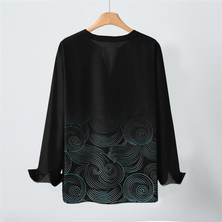 Buddha Stones Cotton Ocean Wave Spiral Pattern V-Neck Buttons Men's Long Sleeve Shirts - image 17