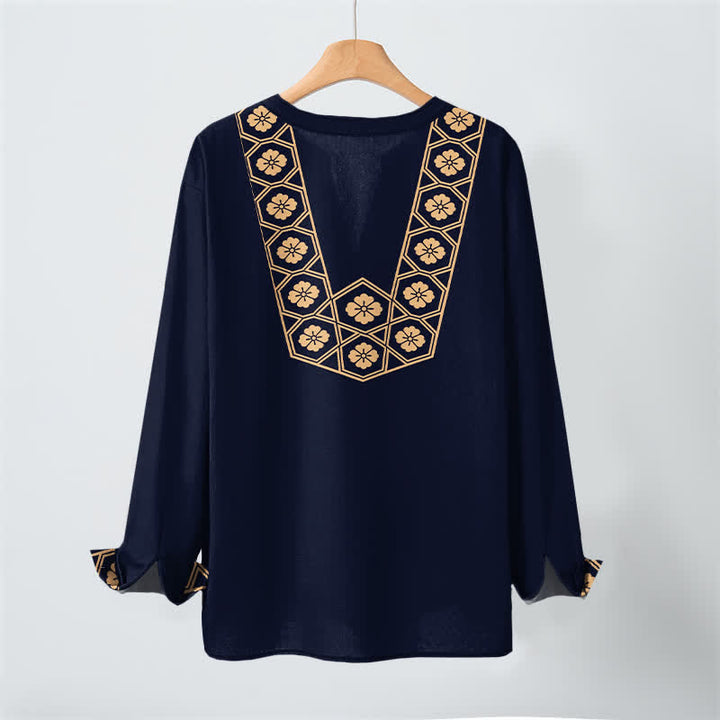 Buddha Stones Cotton Ethnic Flower Grid Pattern V-Neck Buttons Men's Long Sleeve Shirts - image 2