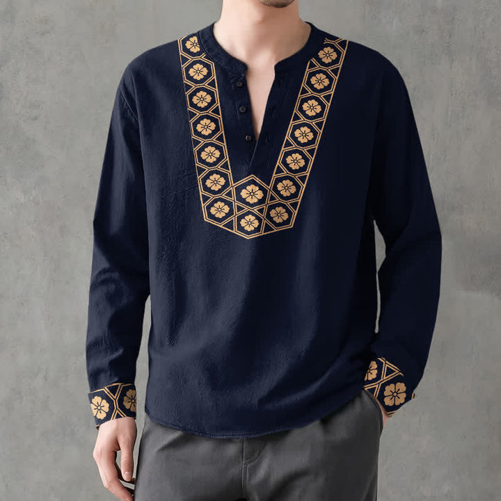 Buddha Stones Cotton Ethnic Flower Grid Pattern V-Neck Buttons Men's Long Sleeve Shirts - image 1