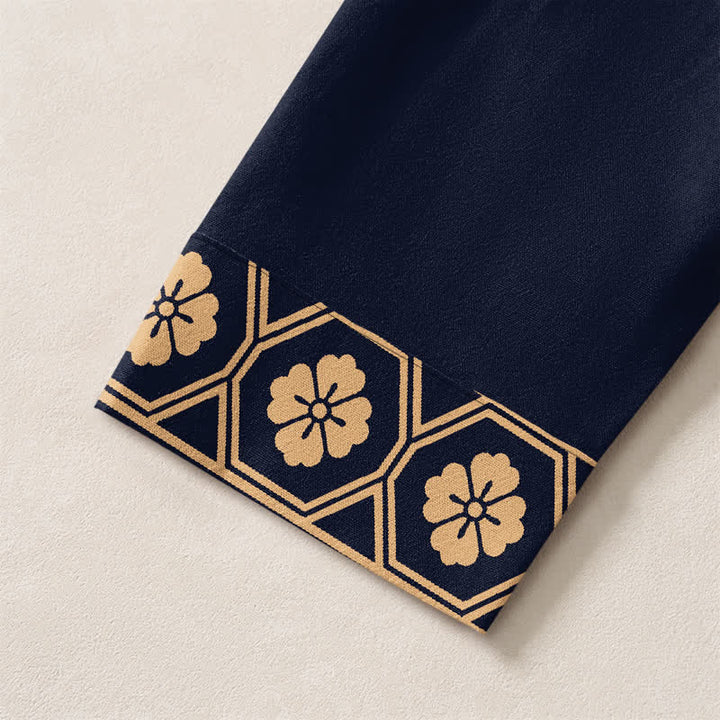 Buddha Stones Cotton Ethnic Flower Grid Pattern V-Neck Buttons Men's Long Sleeve Shirts - image 5