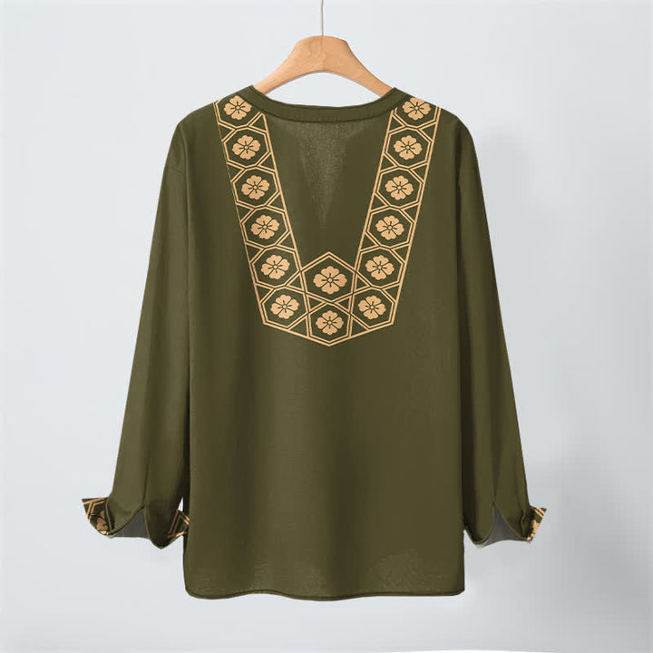 Buddha Stones Cotton Ethnic Flower Grid Pattern V-Neck Buttons Men's Long Sleeve Shirts - image 17