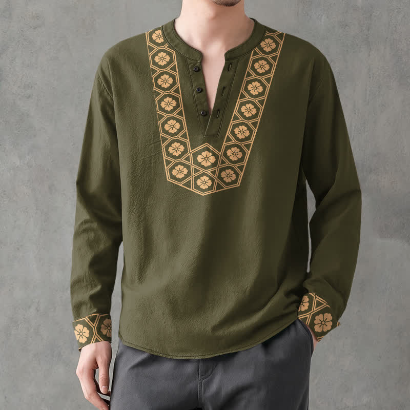 Buddha Stones Cotton Ethnic Flower Grid Pattern V-Neck Buttons Men's Long Sleeve Shirts - image 15