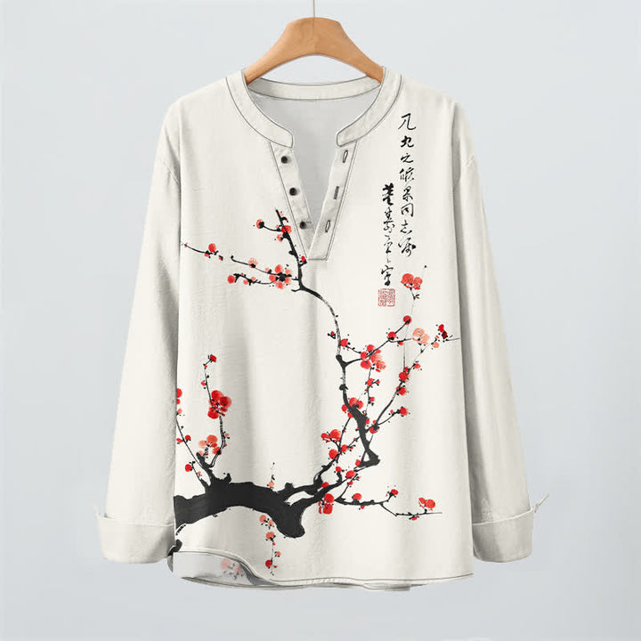 Buddha Stones Cotton Ink Red Plum Blossom Pattern V-Neck Buttons Men's Long Sleeve Shirts - image 2