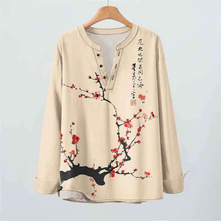 Buddha Stones Cotton Ink Red Plum Blossom Pattern V-Neck Buttons Men's Long Sleeve Shirts - image 9