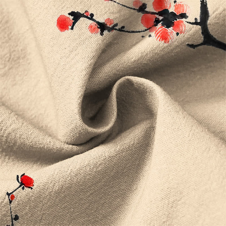 Buddha Stones Cotton Ink Red Plum Blossom Pattern V-Neck Buttons Men's Long Sleeve Shirts - image 13