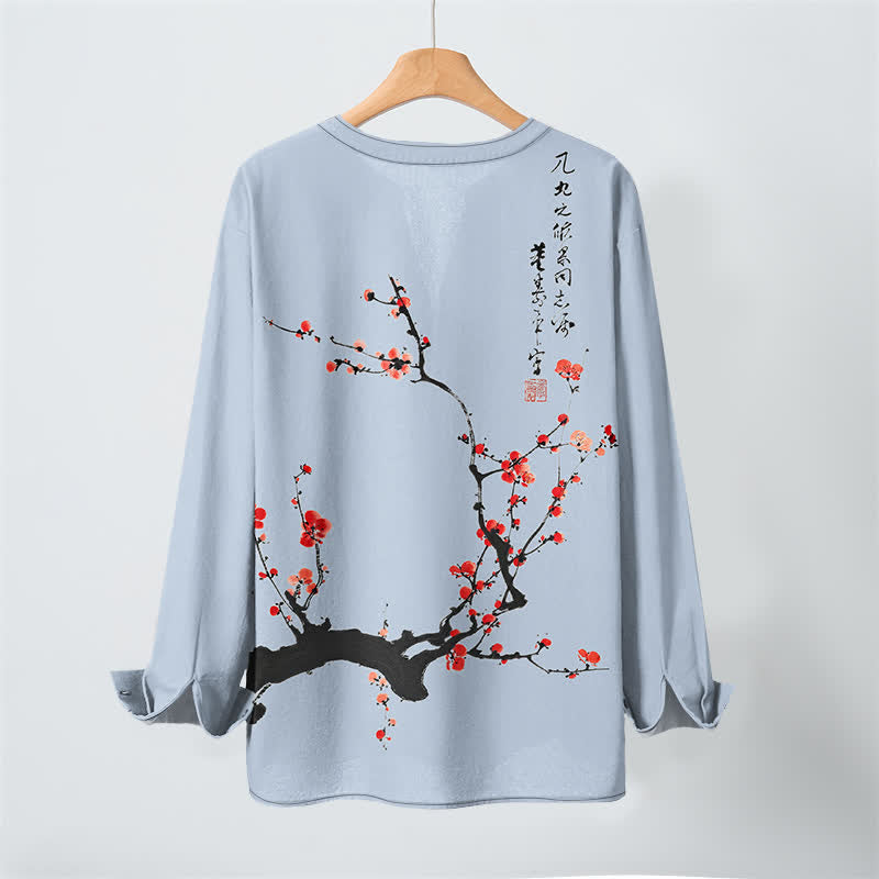 Buddha Stones Cotton Ink Red Plum Blossom Pattern V-Neck Buttons Men's Long Sleeve Shirts - image 17