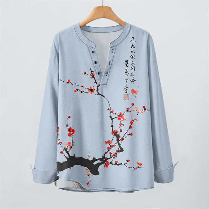 Buddha Stones Cotton Ink Red Plum Blossom Pattern V-Neck Buttons Men's Long Sleeve Shirts - image 16