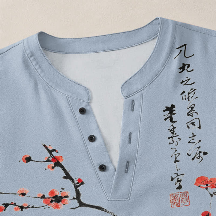 Buddha Stones Cotton Ink Red Plum Blossom Pattern V-Neck Buttons Men's Long Sleeve Shirts - image 18