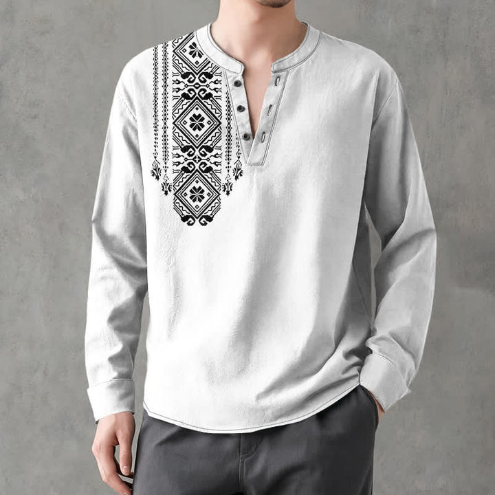 Buddha Stones Cotton Bohemian Square Geometric Pattern V-Neck Buttons Men's Long Sleeve Shirts - image 15