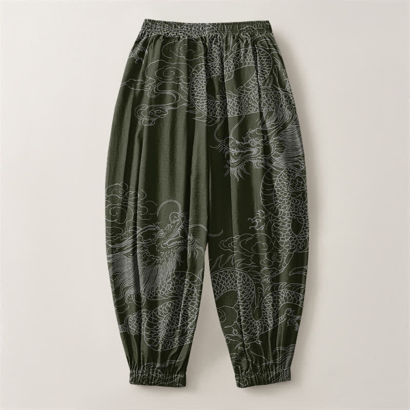 Buddha Stones Pure Cotton Dragon Auspicious Clouds Pattern Drawstring Men's Harem Pants With Pockets - image 8