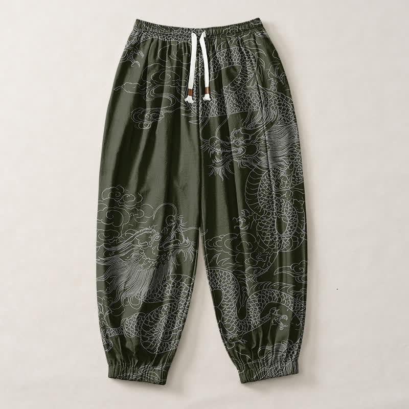 Buddha Stones Pure Cotton Dragon Auspicious Clouds Pattern Drawstring Men's Harem Pants With Pockets - image 7