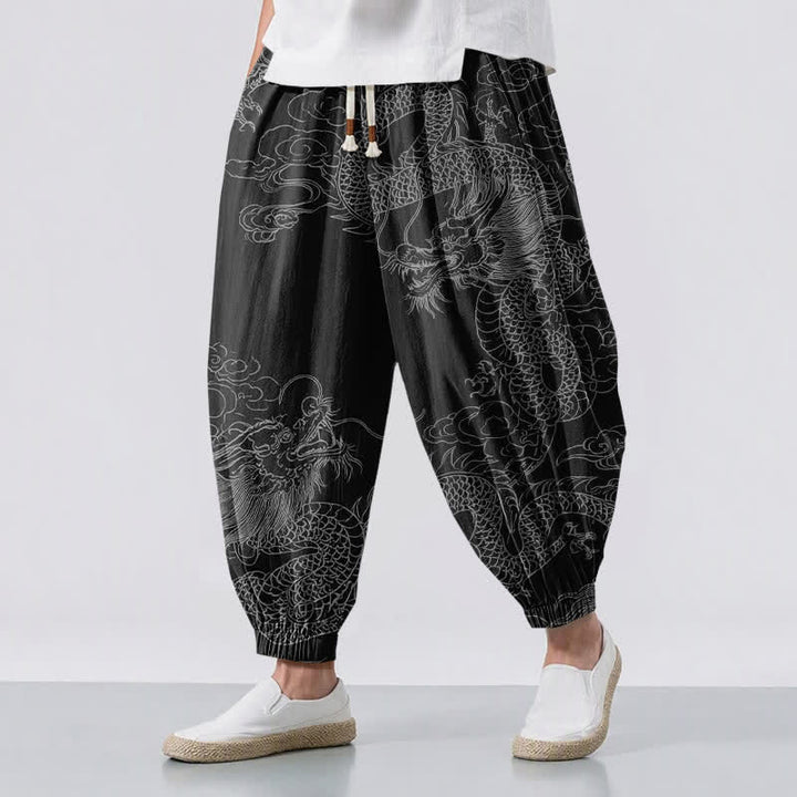 Buddha Stones Pure Cotton Dragon Auspicious Clouds Pattern Drawstring Men's Harem Pants With Pockets - Black - US/UK/AU50，EU60 (5XL) - image 12
