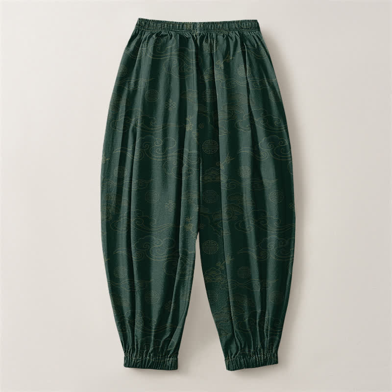 Buddha Stones Pure Cotton Traditional Cloud Medallion Pattern Drawstring Men's Harem Pants With Pockets - image 8