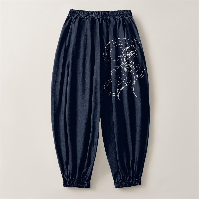 Buddha Stones Pure Cotton Koi Fish Pattern Drawstring Men's Harem Pants With Pockets - image 2
