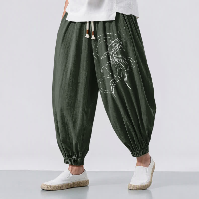 Buddha Stones Pure Cotton Koi Fish Pattern Drawstring Men's Harem Pants With Pockets - DarkGreen - US/UK/AU50，EU60 (5XL) - image 6