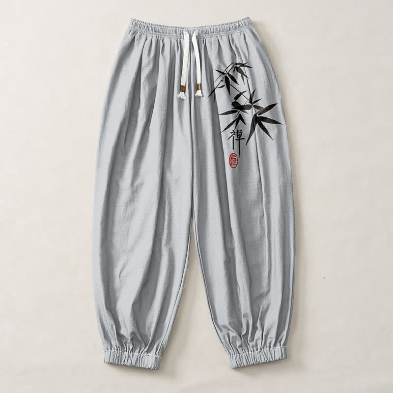 Buddha Stones Pure Cotton Ink Bamboo Pattern Drawstring Men's Harem Pants With Pockets - image 1