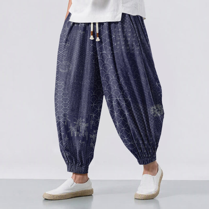 Buddha Stones Pure Cotton Geometric Wave Pattern Drawstring Men's Harem Pants With Pockets - DarkSlateBlue - US/UK/AU50，EU60 (5XL) - image 6