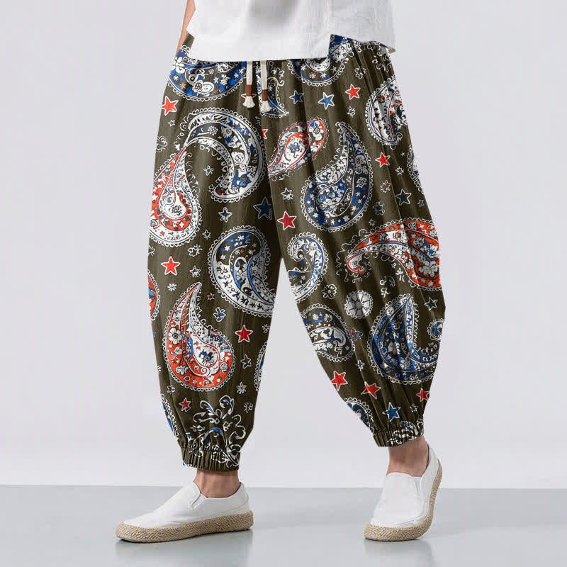 Buddha Stones Pure Cotton Paisley Star Pattern Drawstring Men's Harem Pants With Pockets - Olive - US/UK/AU50，EU60 (5XL) - image 6