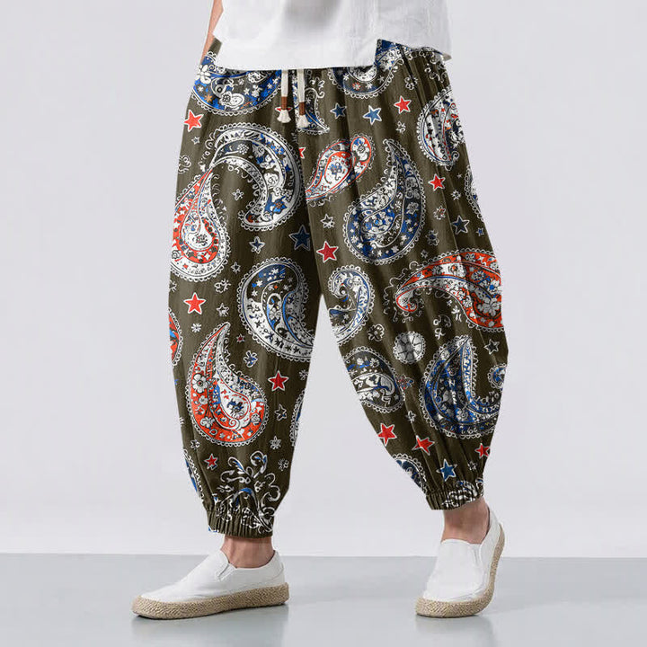Buddha Stones Pure Cotton Paisley Star Pattern Drawstring Men's Harem Pants With Pockets - Olive - US/UK/AU50，EU60 (5XL) - image 6