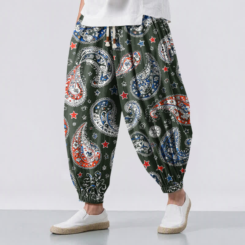 Buddha Stones Pure Cotton Paisley Star Pattern Drawstring Men's Harem Pants With Pockets - DarkOliveGreen - US/UK/AU50，EU60 (5XL) - image 12