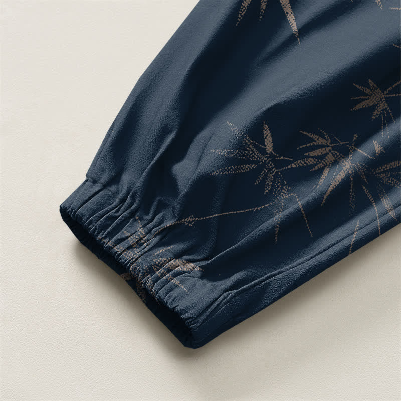 Buddha Stones Pure Cotton Bamboo Leaf Pattern Drawstring Men's Harem Pants With Pockets - image 10