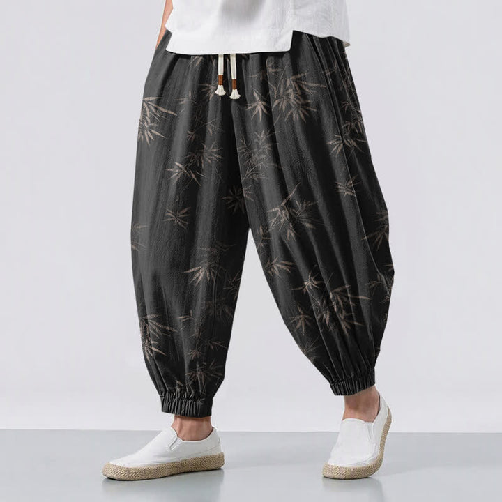 Buddha Stones Pure Cotton Bamboo Leaf Pattern Drawstring Men's Harem Pants With Pockets - Black - US/UK/AU50，EU60 (5XL) - image 12