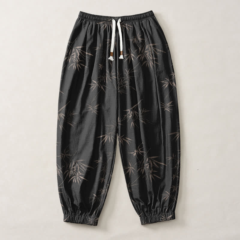 Buddha Stones Pure Cotton Bamboo Leaf Pattern Drawstring Men's Harem Pants With Pockets - image 13