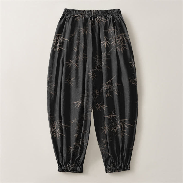 Buddha Stones Pure Cotton Bamboo Leaf Pattern Drawstring Men's Harem Pants With Pockets - image 14