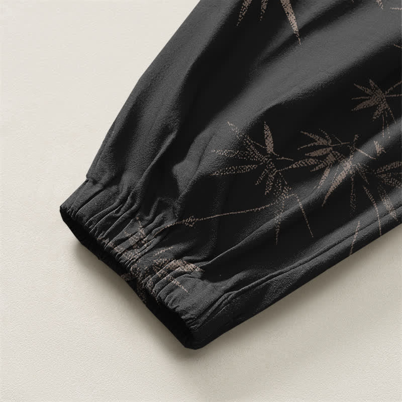 Buddha Stones Pure Cotton Bamboo Leaf Pattern Drawstring Men's Harem Pants With Pockets - image 16