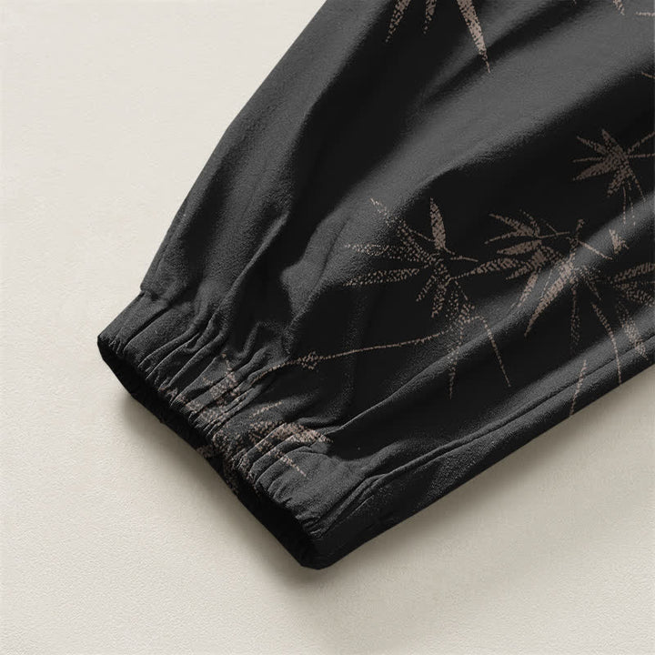 Buddha Stones Pure Cotton Bamboo Leaf Pattern Drawstring Men's Harem Pants With Pockets - image 16