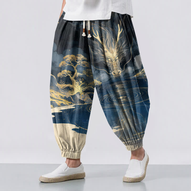 Buddha Stones Pure Cotton Golden Dragon Landscape Pattern Drawstring Men's Harem Pants With Pockets - Navy - US/UK/AU50，EU60 (5XL) - image 0